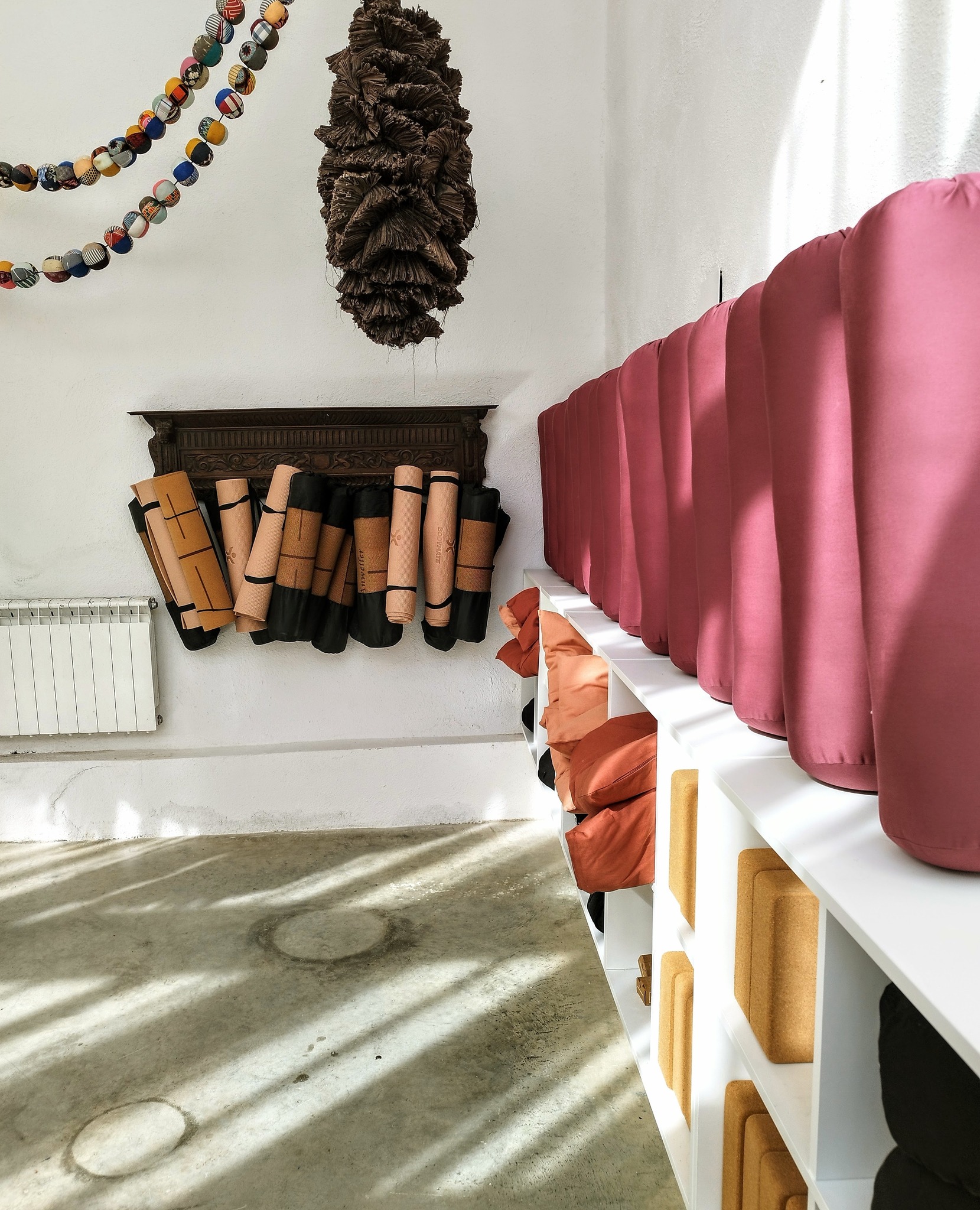 Soft morning light and props prepared for practice at Soul Farm